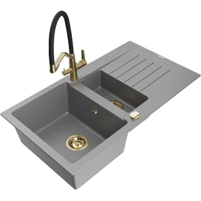 Mexen Matias гранитна мивка с 1, 5 камери, с отцедник и кухня смесител Duo, сив - 6502-71-671701-57-G (6502-71-671701-57-G)