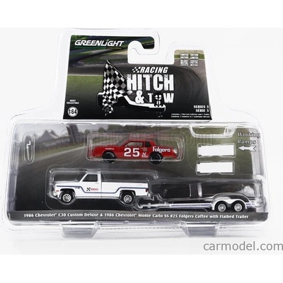 Greenlight Chevrolet C 30 Pick up Custom Deluxe 1986 With Trailer + Monte Carlo Ss N 25 Racing 1986 Bílá Červená 1:64