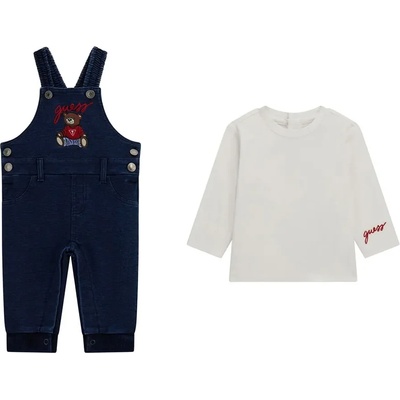 Guess Комплект деним гащеризон с мече за бебе момче с бяла блуза с дълъг ръкав Guess