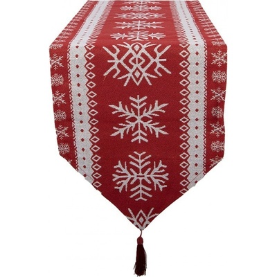 Clayre & Eef Červený látkový běhoun s vločkami a střapci 33x180 cm