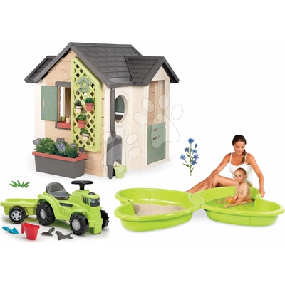 Smoby Set domček pre záhradníka a pieskovisko s vodotryskom Garden House Life rozšíriteľný a odrážadlo traktor s prívesom