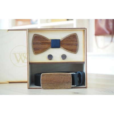 Wood Style Set Kulatý Ořech opasek motýlek a manžetové knoflíčky Modrotisk