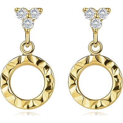 Šperky Eshop Zlaté náušnice 14K s trojicí zirkonů a kruhem s diamantovým vzorem S5GG275.40