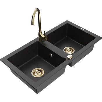 Mexen Mario гранитна кухненска мивка с 2 камери и кухненски смесител Telma, черен/сребърен - 6504-73-670200-50 (6504-73-670200-50)