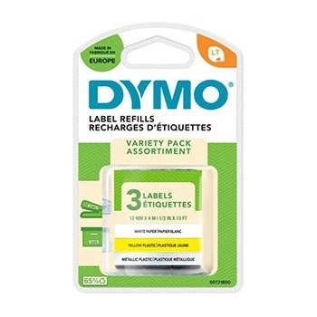 DYMO 91241, S0721800, 12mm x 4m, черен печат/бял, жълт, сребърен фон, 3 бр, оригинална лента (S0721800)
