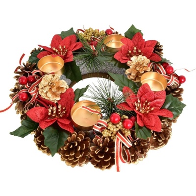 Adventný šiškový veniec POINSETTIA s mašľou 30 cm