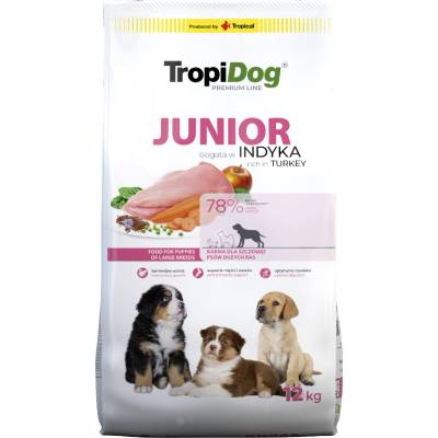 TropiDog Premium Junior L, богат на пуйка и ориз, 12 кг