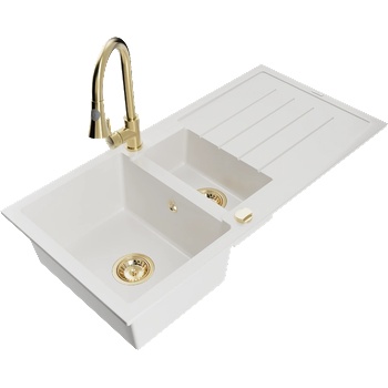 Mexen Andres гранитна мивка 1, 5-камерна с отцедник и кухненски смесител Elia, бял - 6515-20-670101-50 (6515-20-670101-50)