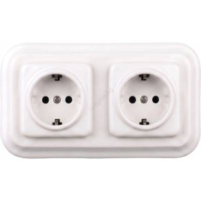 Elhard - Двойна керамична ретро розетка за дома с рамка SCHUKO 230V бяла (EF0016B)