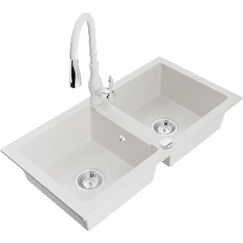 Mexen Mario двоен гранитен кухненски мивка с кухненски смесител Savita, бял - 6504-20-672601-20 (6504-20-672601-20)