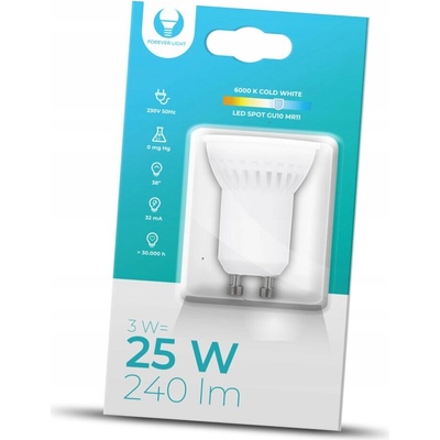 Forever Light LED keramická žiarovka GU10, MR11, 3W, 240LM, 230V, 38° Studená biela