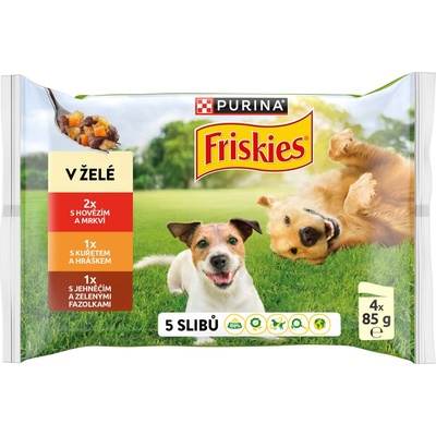 Friskies Adult hovädzina a mrkva kura a hrášok jahňa a zelené fazuľky v želé 4 x 85 g