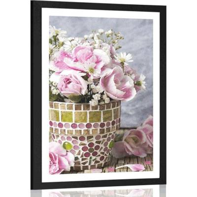 Plakát s paspartou květiny karafiátu v mozaikovém květináči - 40x60 white