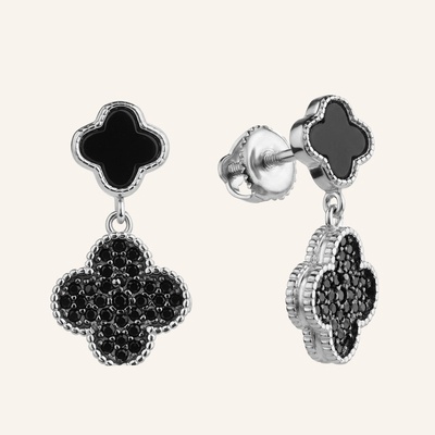 SilveAmo Strieborné visiace náušnice s čiernym onyxom a zirkónom Clover Luxe Black CK2FO.1496