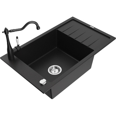Mexen Elias гранитна мивка с 1 камера с отцедник и кухненски смесител Carla, черен - 6511-77-670700-70 (6511-77-670700-70)