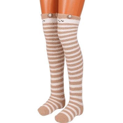 Дамски пухкави 7/8 чорапи на райе в бяло и капучино