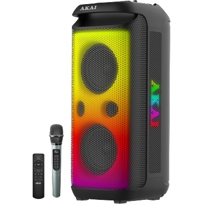 Преносим Bluetooth високоговорител AKAI PARTY SPEAKER 600, Active Speaker 120W RMS, Bluetooth, безжичен микрофон, дистанционно управление, FM радио, Батерия 9000 mAh, IPX4 , черен (PARTYSPEAKER 600)