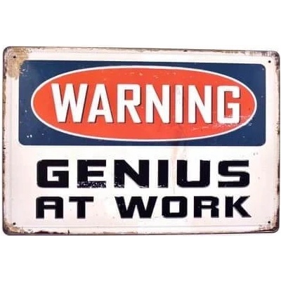 Ceduľa Warning - Genius At Work Vintage style 30cm x 20cm Plechová tabuľa