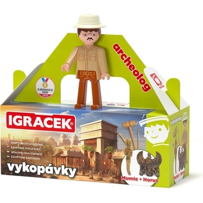 Igráček Archeolog s egyptskými vykopávkami mumie a sošky boha Hora Efko