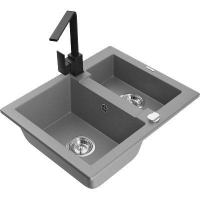 Mexen Carlos мивка от гранит 1, 5-коморова с кухненски смесител Rita, сива - 6518-71-670300-70 (6518-71-670300-70)