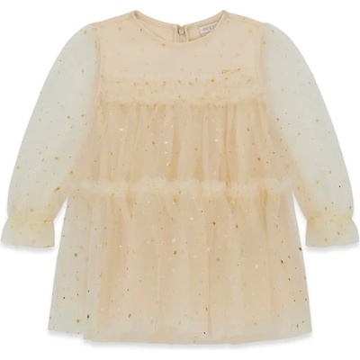 Guess Нежна тюлена рокля за мини момиче в бежово със златисти детайли и цип на гърба Guess