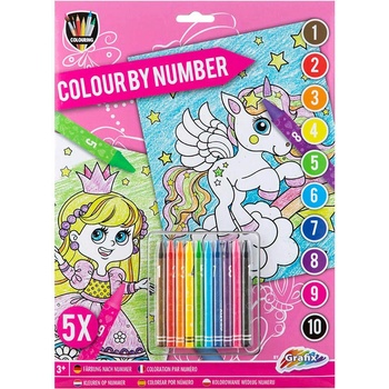GRAFIX Malování podle čísel 5ks listů A4 jednorožec + voskovky