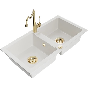 Mexen Mario гранитна мивка с 2 камери и кухненски смесител Carla, бял - 6504-20-670700-50 (6504-20-670700-50)