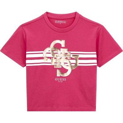 GUESS Къса тениска за момиче в цикламено със златисто лого Guess