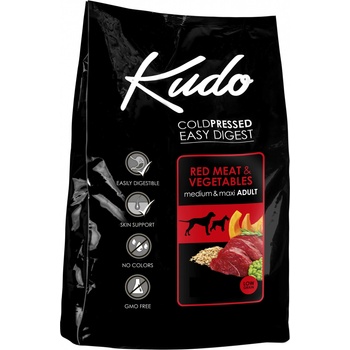 Kudo Low Grain Red Meat Medium-Maxi Adult - Пълноценна суха храна за израснали кучета от средни и едри породи с говеждо и свинско месо, 3 кг