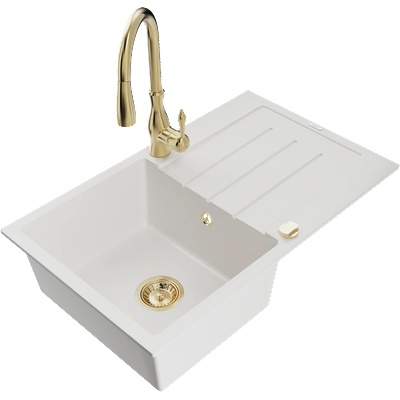 Mexen Bruno гранитна мивка с 1 отделение с отцедник и кухненски смесител Savita, бял - 6513-20-672601-50 (6513-20-672601-50)