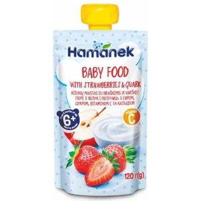 Hamanek Бeбешко пюре Hamanek - Пауч с ягоди и кварк, 120 g (8595139783952)