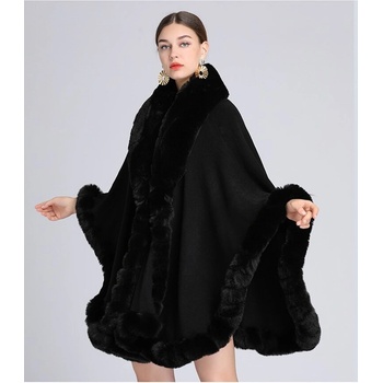 Image 1 of Дамско пончо в черно с пухкава шал яка