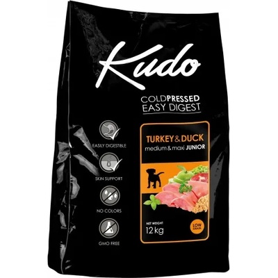 Kudo Kudo Low Grain Turkey Duck Medium Maxi Junior, студено пресована храна за подрастващи кучета от средни и едри породи, до 12 месеца, с пуешко и патешко месо, БЕЗ ГЛУТЕН - 12 кг - Сърбия