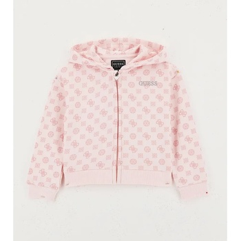 GUESS Бледо розов суичър за мини момиче покрит с лога и голямо сребристо лого Guess на гърба