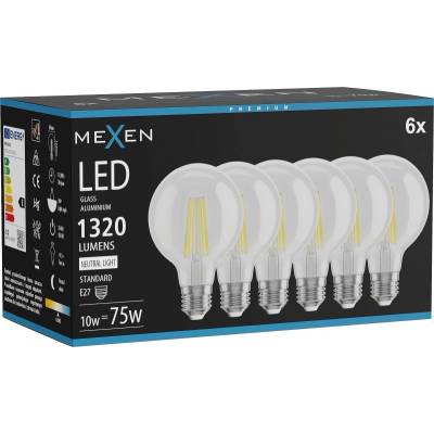Mexen Vintis 6x LED FILAMENT крушка E27, G80, 10W, Неутрална - 4000K, 1320 lm, прозрачна (L155-E27-1040-00x06)