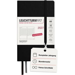Leuchtturm1917 Daily Calendar 2027 Pocket (A6) - German, black, 90 x 150 mm, January-December (12 months), 1 page per day, hourly grid 7: 00-22: 00, hardcover, 80 g/m2 paper - 400164 (400164)