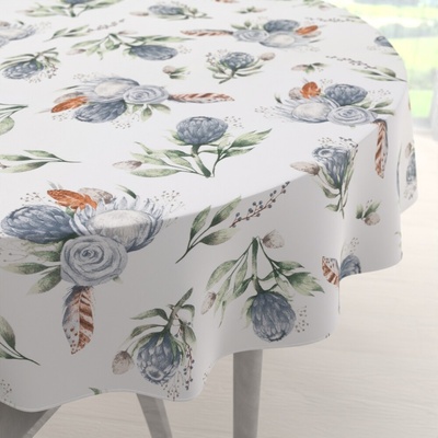 Biante bavlna okrúhly obrus Sandra SA-707 Modré kvety Protea na bielom Ø 110 cm