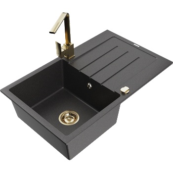 Mexen Bruno гранитна кухненска мивка с една камера с отцедник и кухненски смесител Rita, черен на пръски - 6513-76-670300-50 (6513-76-670300-50)