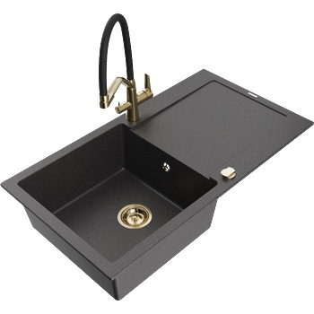 Mexen Leo гранитна мивка с една камера с отцедник и кухненски смесител Duo, черен със златни петна - 6501-76-671701-57-G (6501-76-671701-57-G)
