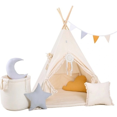 ELIS DESIGN Set teepee stan Krémový s bambuľkami luxury