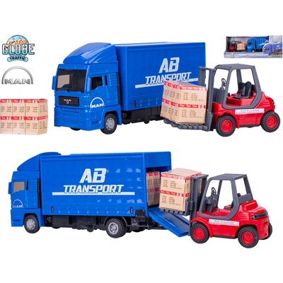 Kids Globe Traffic kamion MAN 17 cm kov volný chod s paletovým vozíkem 10 cm