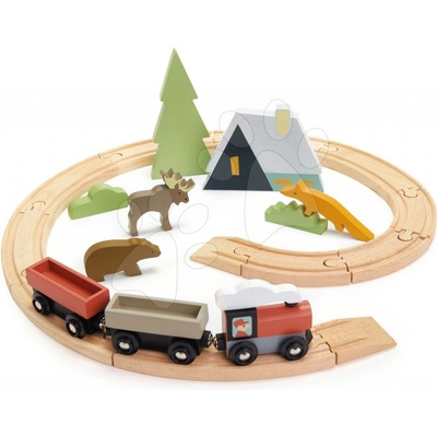Tender Leaf Toys Drevená vláčiková dráha v horách Treetops Train Set s vlakom zvieratkami a chatou