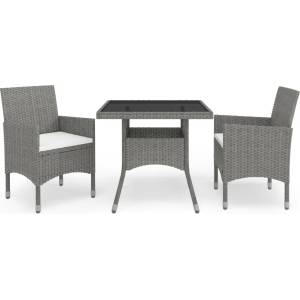vidaXL Градински трапезен комплект, 3 части, сив, полиратан и стъкло (3058309)