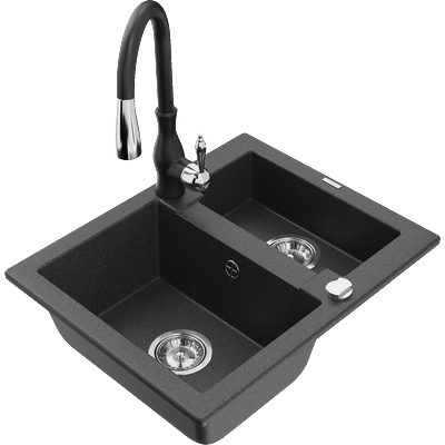 Mexen Carlos гранитна мивка с 1, 5 отделения с кухненски смесител Savita, черно осеяно - 6518-76-672601-70 (6518-76-672601-70)