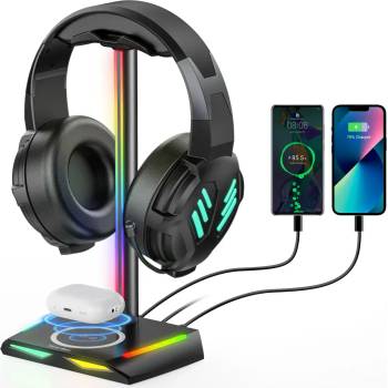 Image 1 of New Bee Стойка за слушалки с NFC зарядно New Bee Z12 RGB, USB Hub, Черна (Z12 RGB)