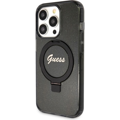 GUESS Калъф GUESS, IML Ring Stand Glitter MagSafe за iPhone 15 Pro, GUHMP15LHRSGSK, Черен (GUHMP15LHRSGSK)