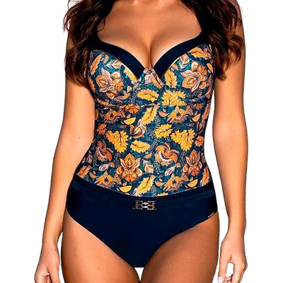 Цели бански в тъмносиньо с оранжеви цветя и листа