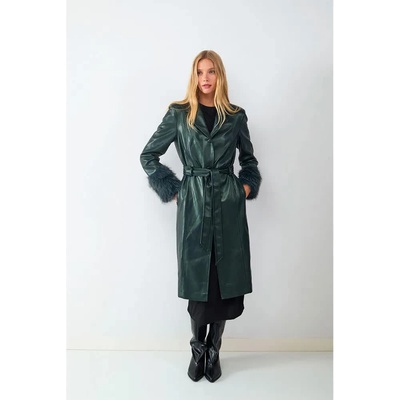 BALMOHK Палто Balmohk Pu Faux Fur Cuffs trench coat - Green (Green / Dark Green)