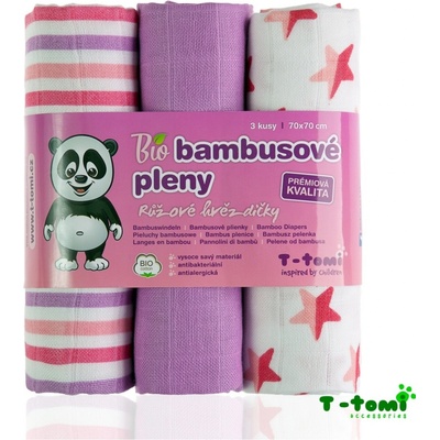 T-tomi Bambusové BIO pleny sada růžové hvězdičky 3 ks