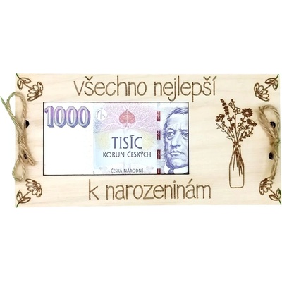 Dekorace z Řečice Dřevěná dárková karta na peníze květiny